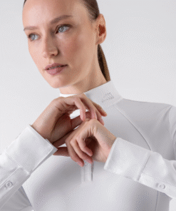 Equiline GHITAK - White women’s competition polo with long sleeves and strass