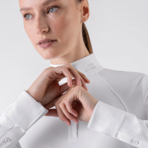Equiline GHITAK - White women’s competition polo with long sleeves and strass