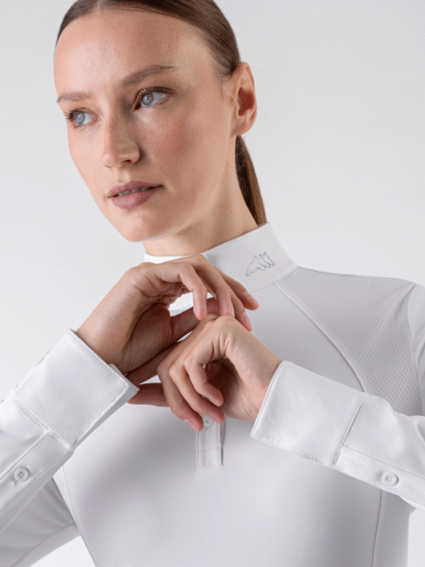 Equiline GHITAK - White women’s competition polo with long sleeves and strass